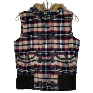 Old Navy plaid full zip vest faux fur hoodie trim women's Small